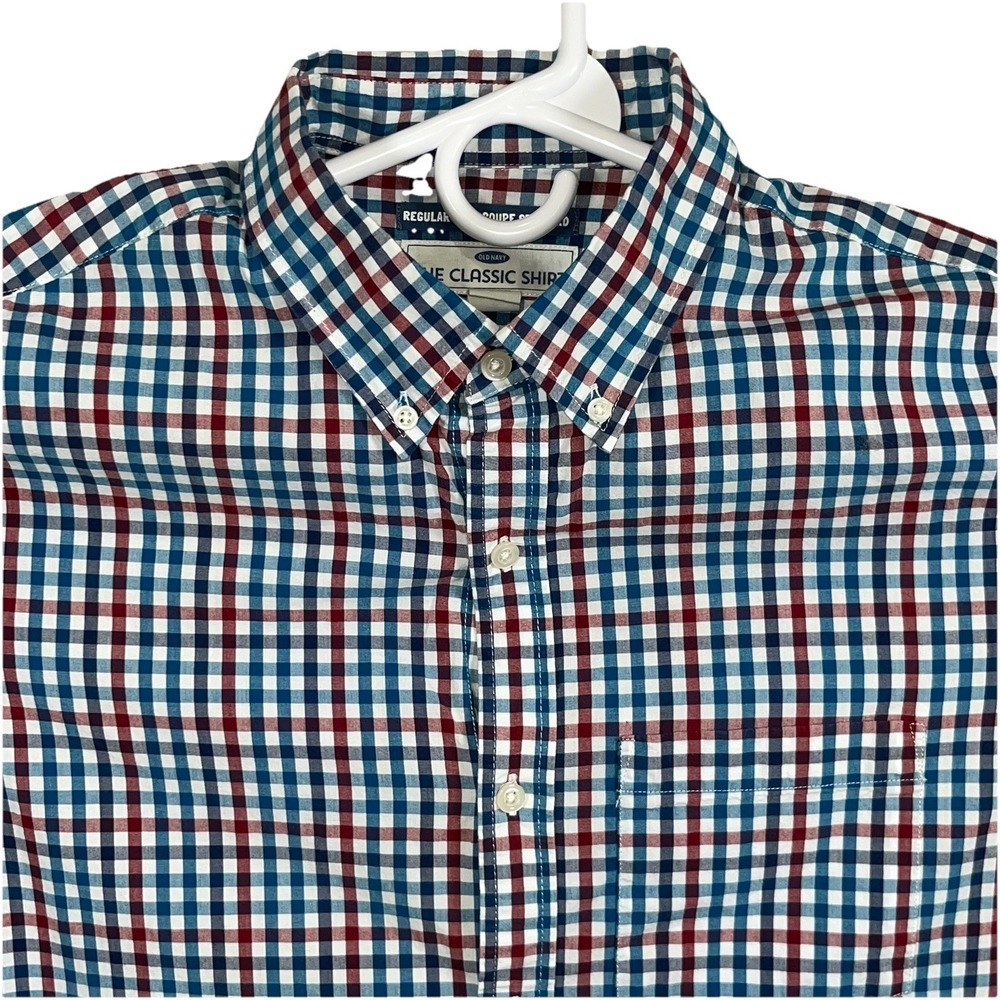 Old Navy The Classic Shirt Men's Large Plaid Button Down Red Blue White Cotton